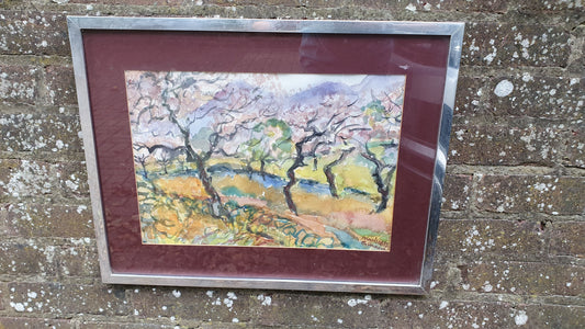 Vintage Abstract Original Watercolour Outback Trees and Creek Mavis Wilson Australia.