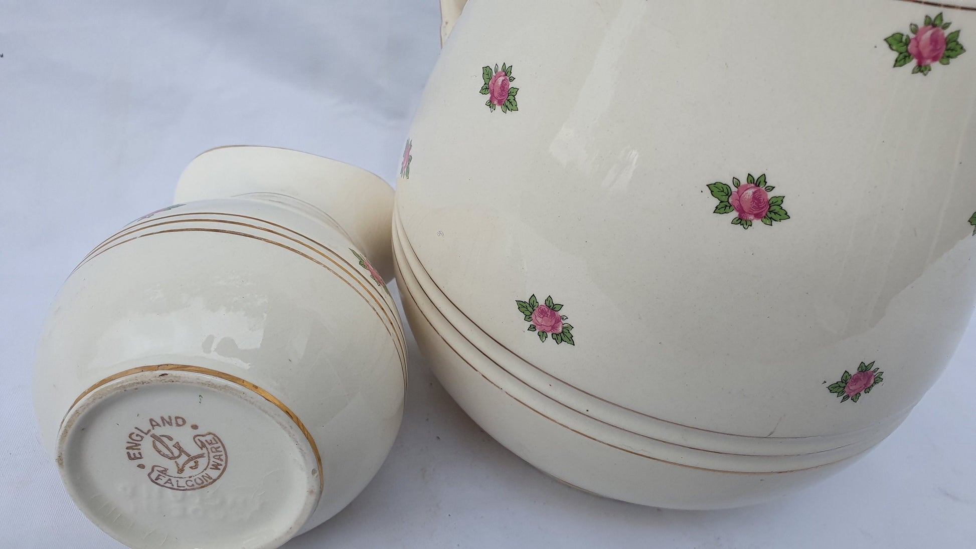 Vintage Floral Ewer Large Water Jug and Toothbrush Holder From Jug and Basin Set. Vase. Falcon Ware.