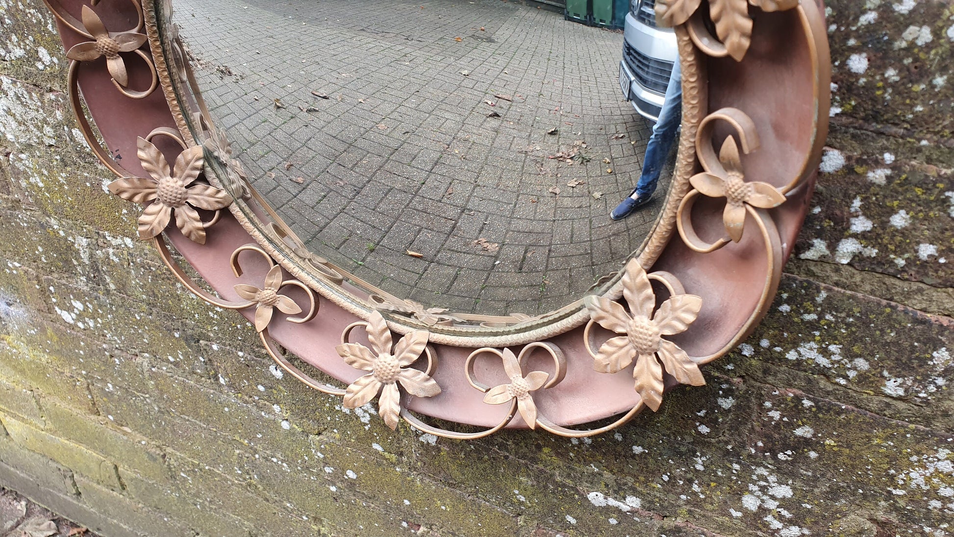 Vintage Retro Metal Red Pink Brown and Gold Convex Wall Mirror