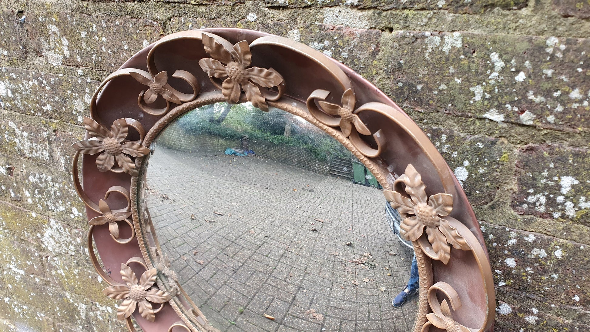 Vintage Retro Metal Red Pink Brown and Gold Convex Wall Mirror