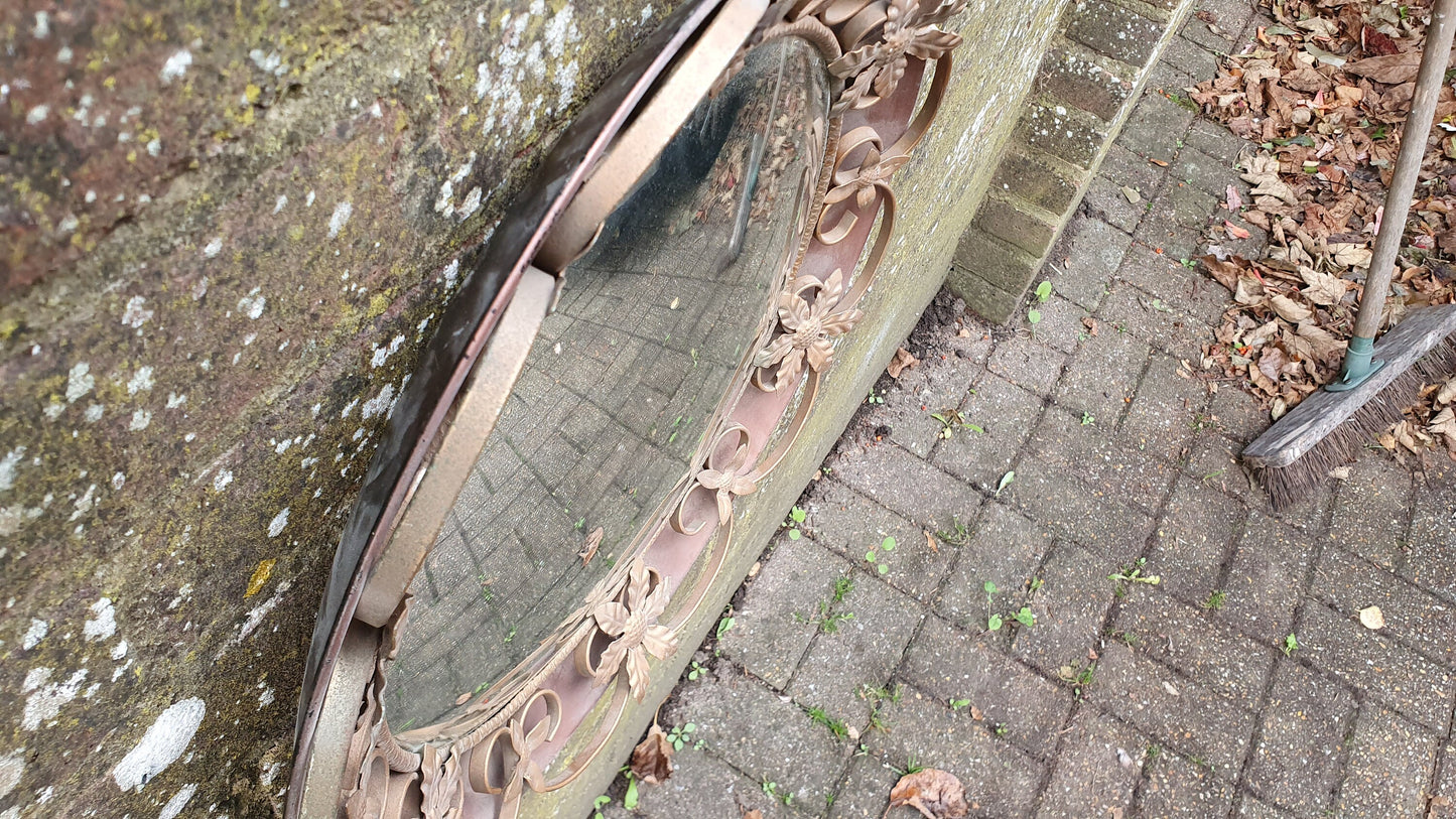 Vintage Retro Metal Red Pink Brown and Gold Convex Wall Mirror