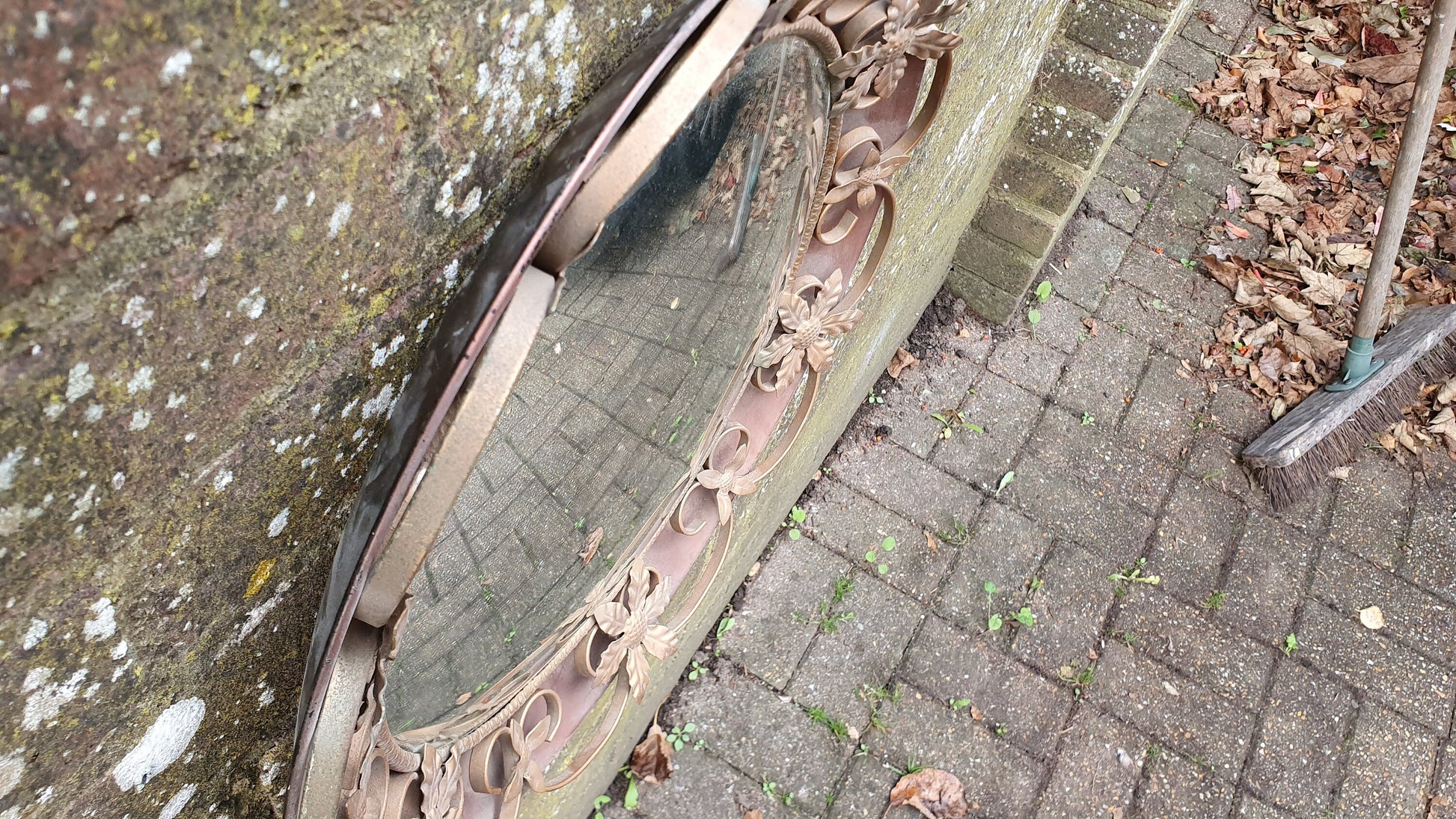 Vintage Retro Metal Red Pink Brown and Gold Convex Wall Mirror