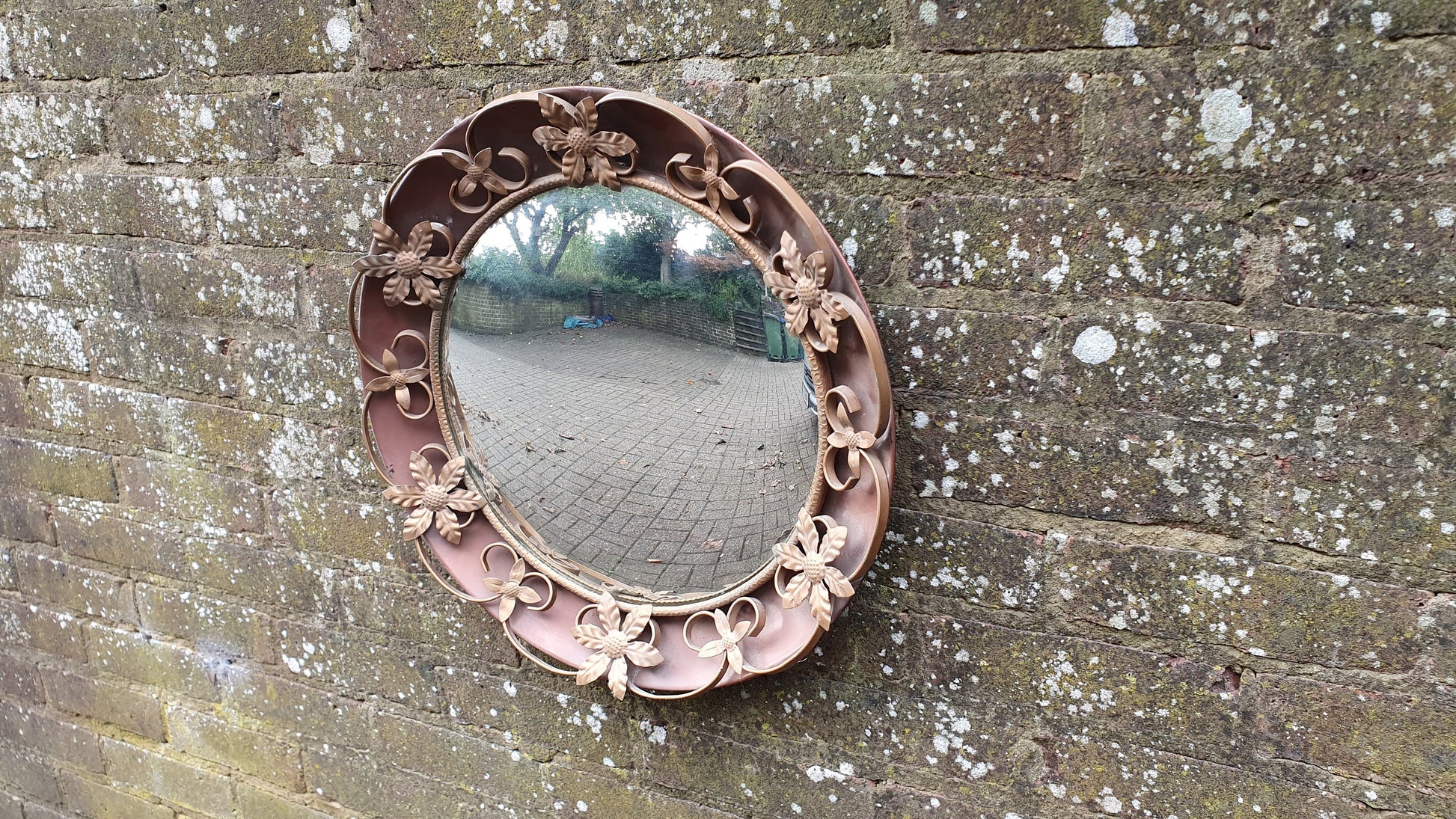 Vintage Retro Metal Red Pink Brown and Gold Convex Wall Mirror