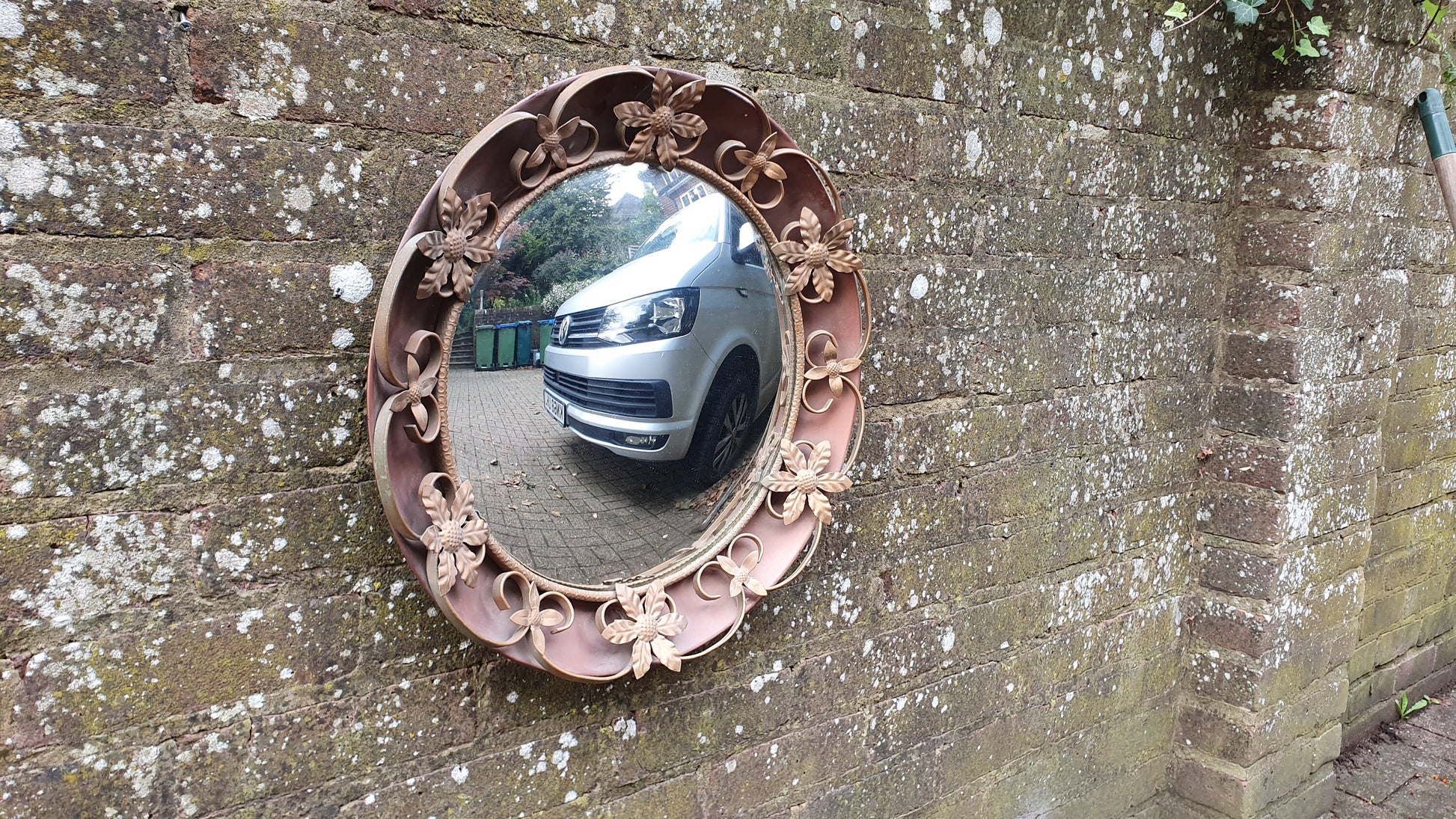 Vintage Retro Metal Red Pink Brown and Gold Convex Wall Mirror