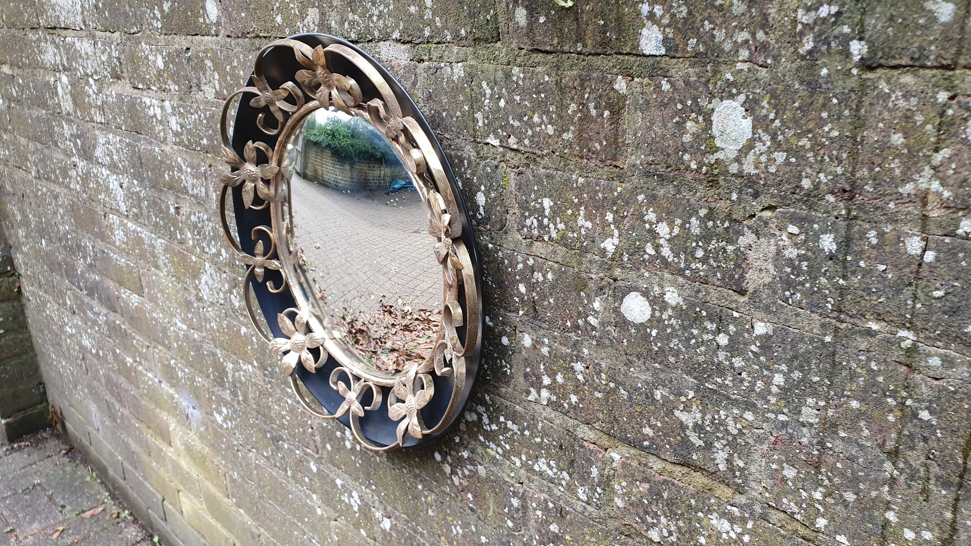 Vintage Retro Metal Black and Gold Convex Wall Mirror