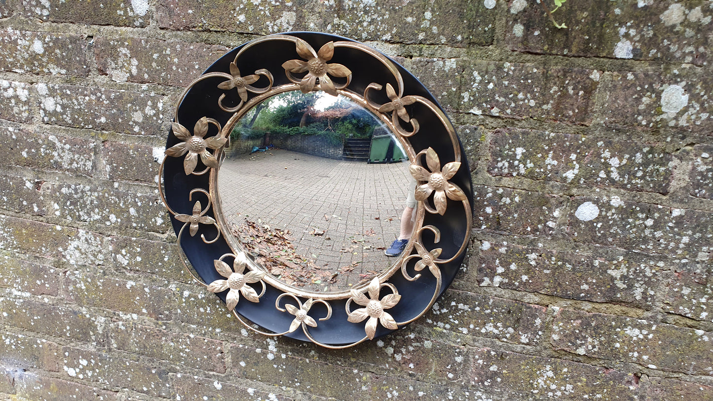 Vintage Retro Metal Black and Gold Convex Wall Mirror