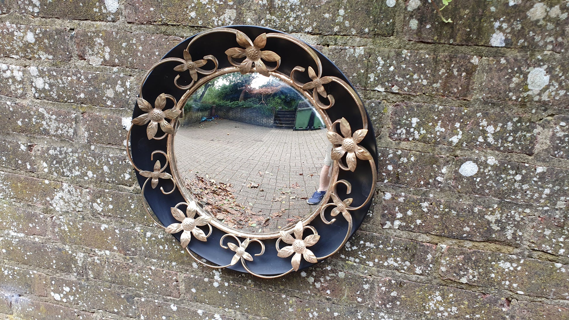 Vintage Retro Metal Black and Gold Convex Wall Mirror