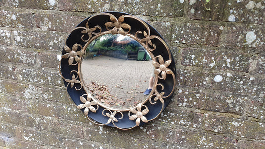 Vintage Retro Metal Black and Gold Convex Wall Mirror