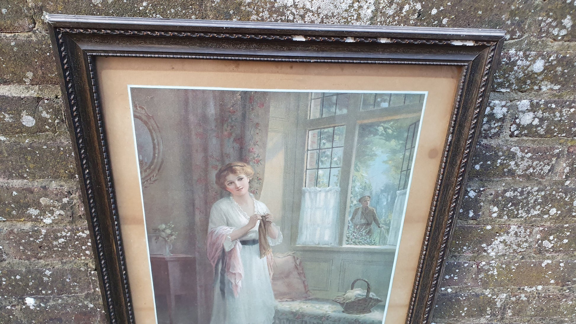 Large WW1 Vintage Print ‘Home Sweet Home Gatland Bros East Grinstead Lady Crochet Knitting 79 x 59 cm