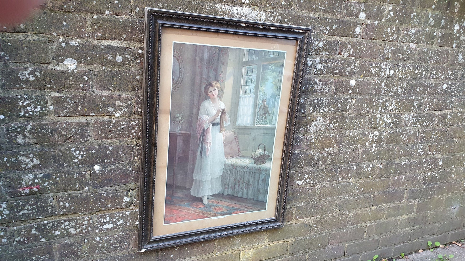 Large WW1 Vintage Print ‘Home Sweet Home Gatland Bros East Grinstead Lady Crochet Knitting 79 x 59 cm
