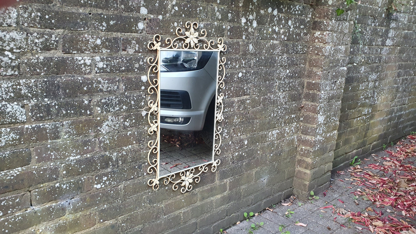 Large Classic 60’s Retro Large Metal Painted Cream Mirror. Flower Motif. 60’s Chic 81 x 45 cm