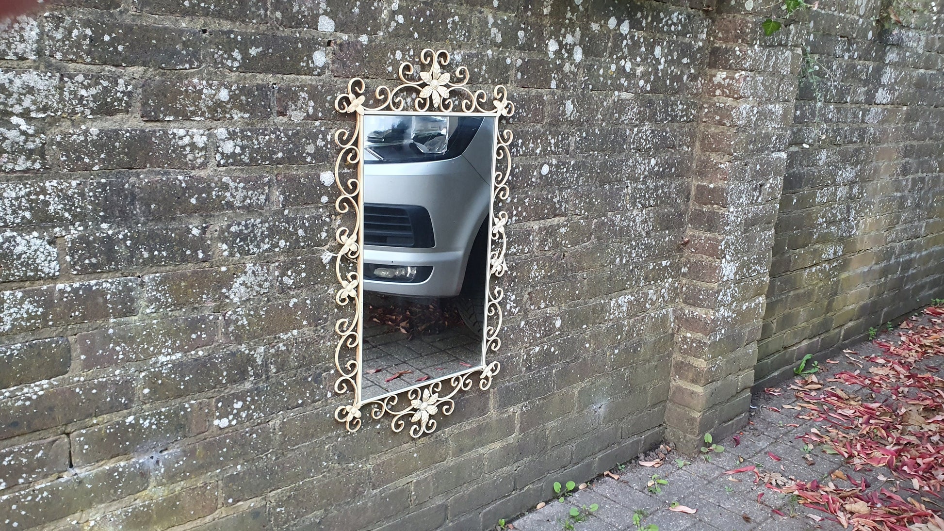 Large Classic 60’s Retro Large Metal Painted Cream Mirror. Flower Motif. 60’s Chic 81 x 45 cm