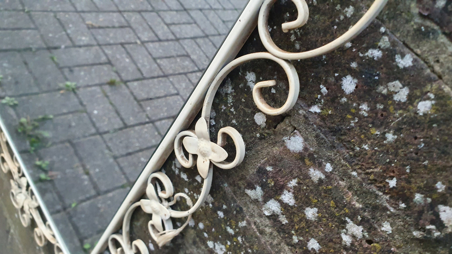 Large Classic 60’s Retro Large Metal Painted Cream Mirror. Flower Motif. 60’s Chic 81 x 45 cm