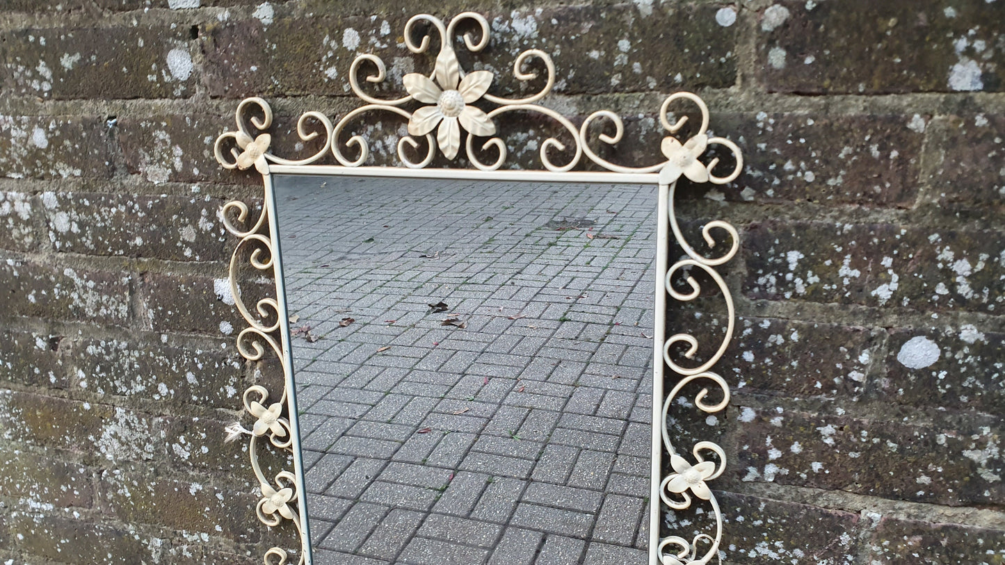 Large Classic 60’s Retro Large Metal Painted Cream Mirror. Flower Motif. 60’s Chic 81 x 45 cm