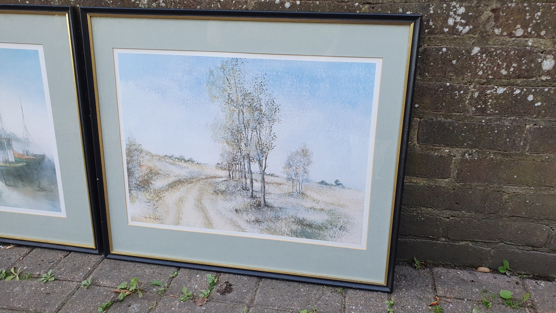 Pair of Huge 90’s Wooden Picture Frames and Mounts with Still Life Watercolour Prints. A Mangeri. Land and Sea 71 x 60 cm