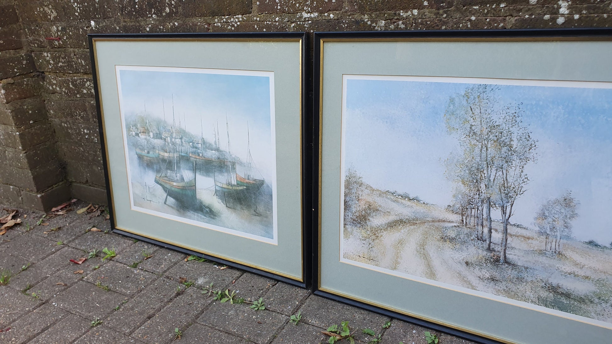 Pair of Huge 90’s Wooden Picture Frames and Mounts with Still Life Watercolour Prints. A Mangeri. Land and Sea 71 x 60 cm