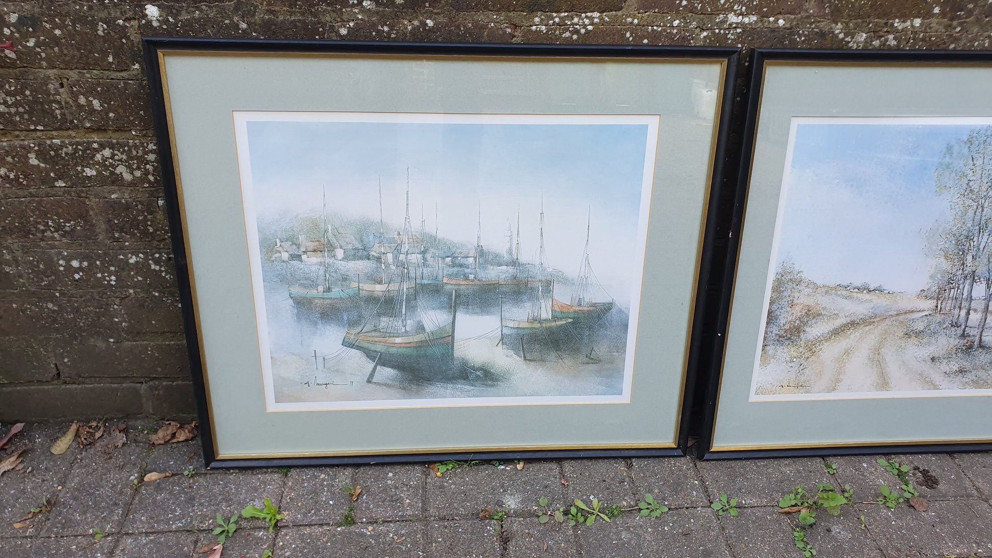 Pair of Huge 90’s Wooden Picture Frames and Mounts with Still Life Watercolour Prints. A Mangeri. Land and Sea 71 x 60 cm