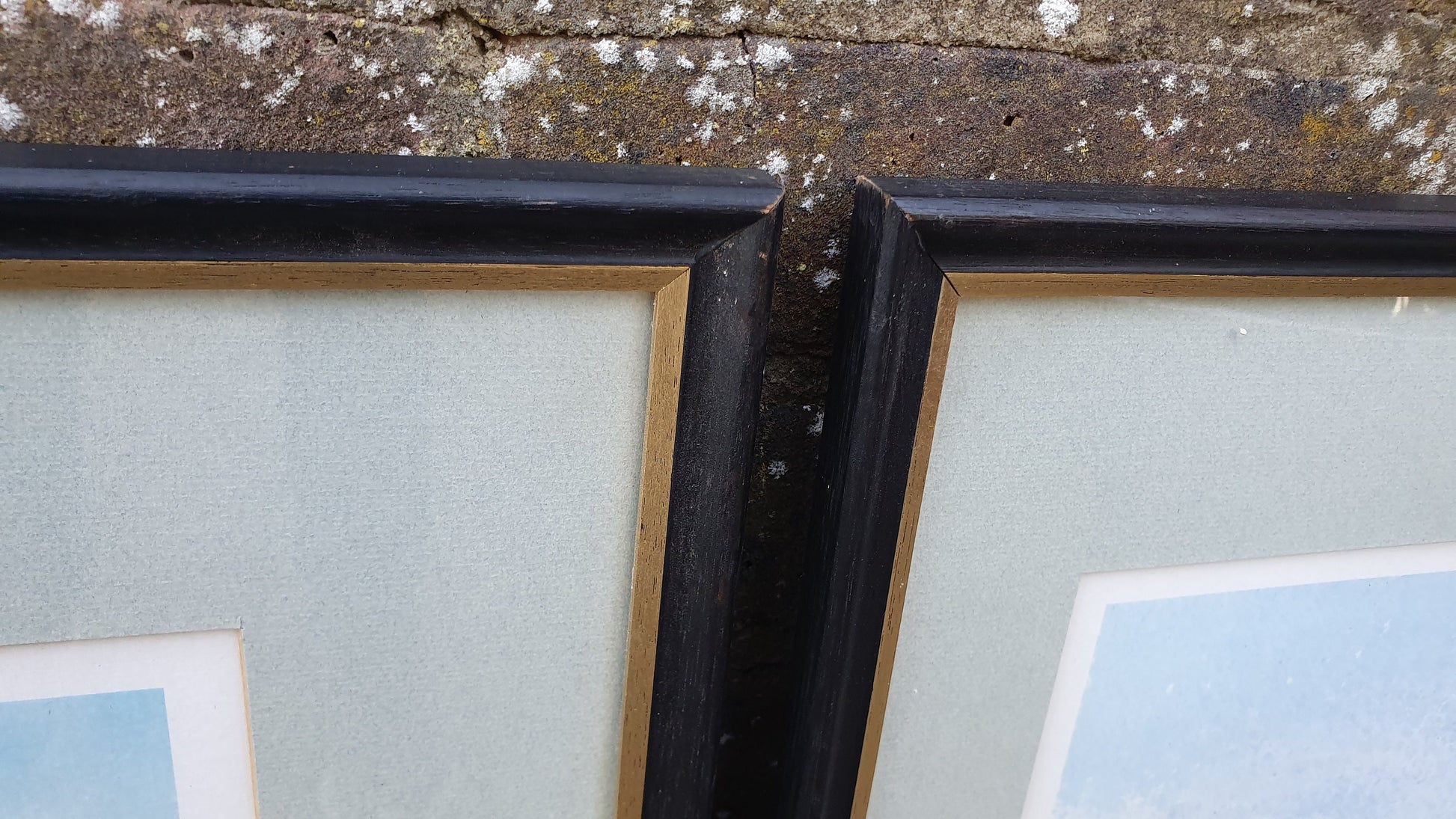Pair of Huge 90’s Wooden Picture Frames and Mounts with Still Life Watercolour Prints. A Mangeri. Land and Sea 71 x 60 cm