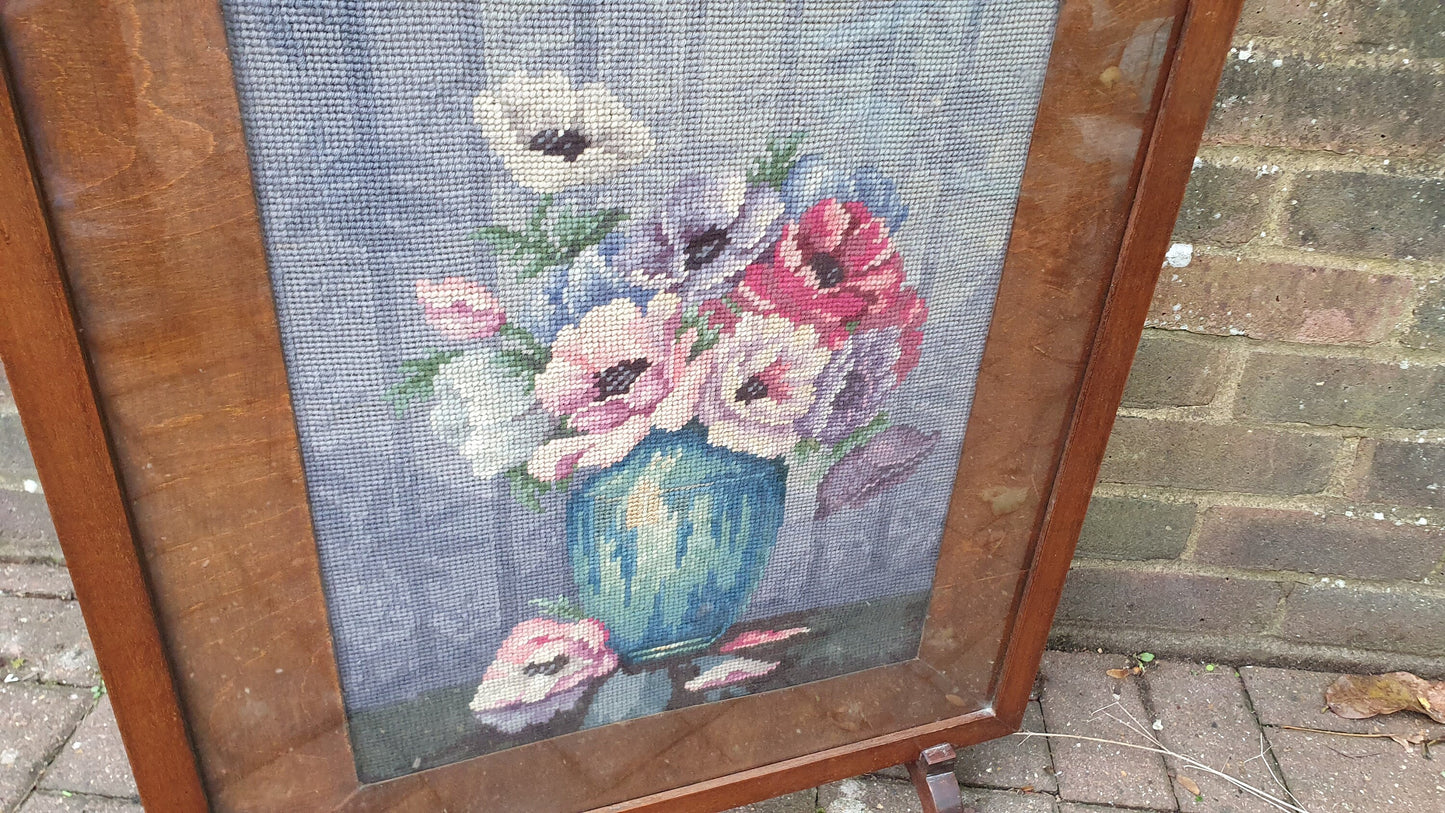 Imposing Vintage Pre-War Mahogany Tapestry Fire Screen Guard Glazed