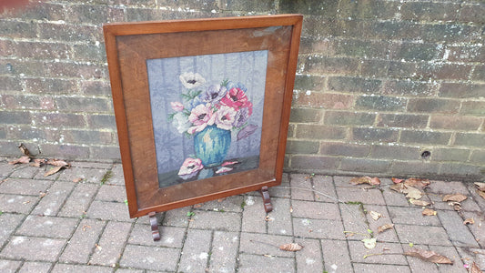 Imposing Vintage Pre-War Mahogany Tapestry Fire Screen Guard Glazed