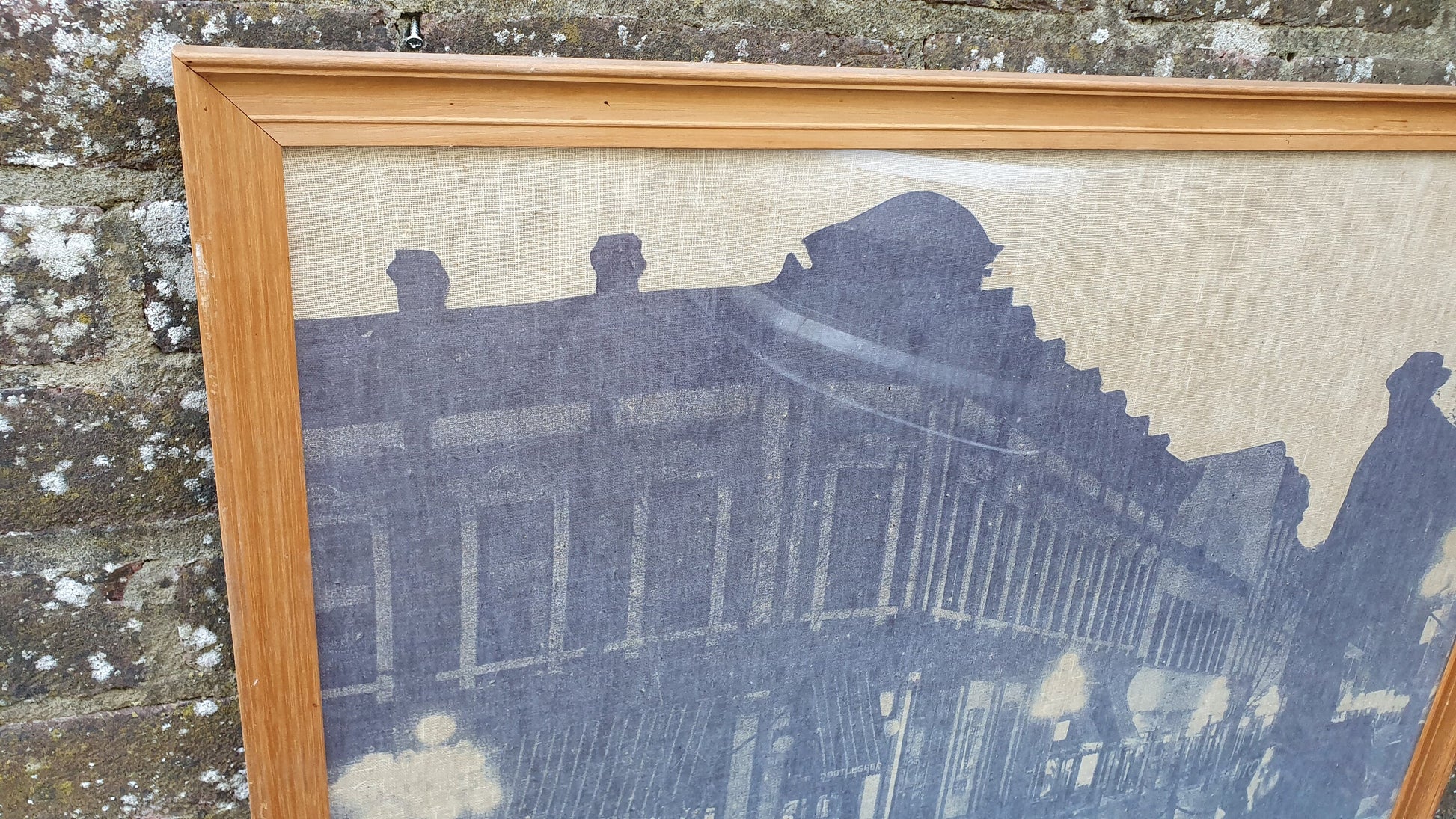Multi-media print on linen/canvas - vintage, large, framed, glazed - townscape