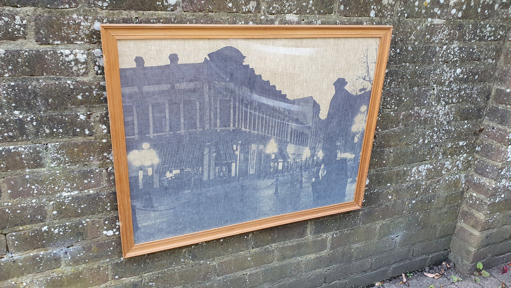 Multi-media print on linen/canvas - vintage, large, framed, glazed - townscape