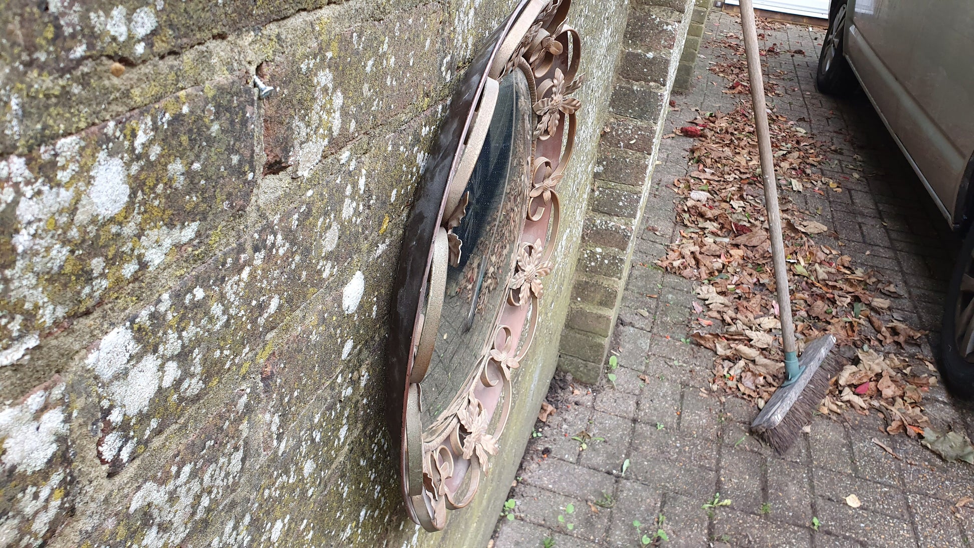 Vintage Retro Metal Red Pink Brown and Gold Convex Wall Mirror
