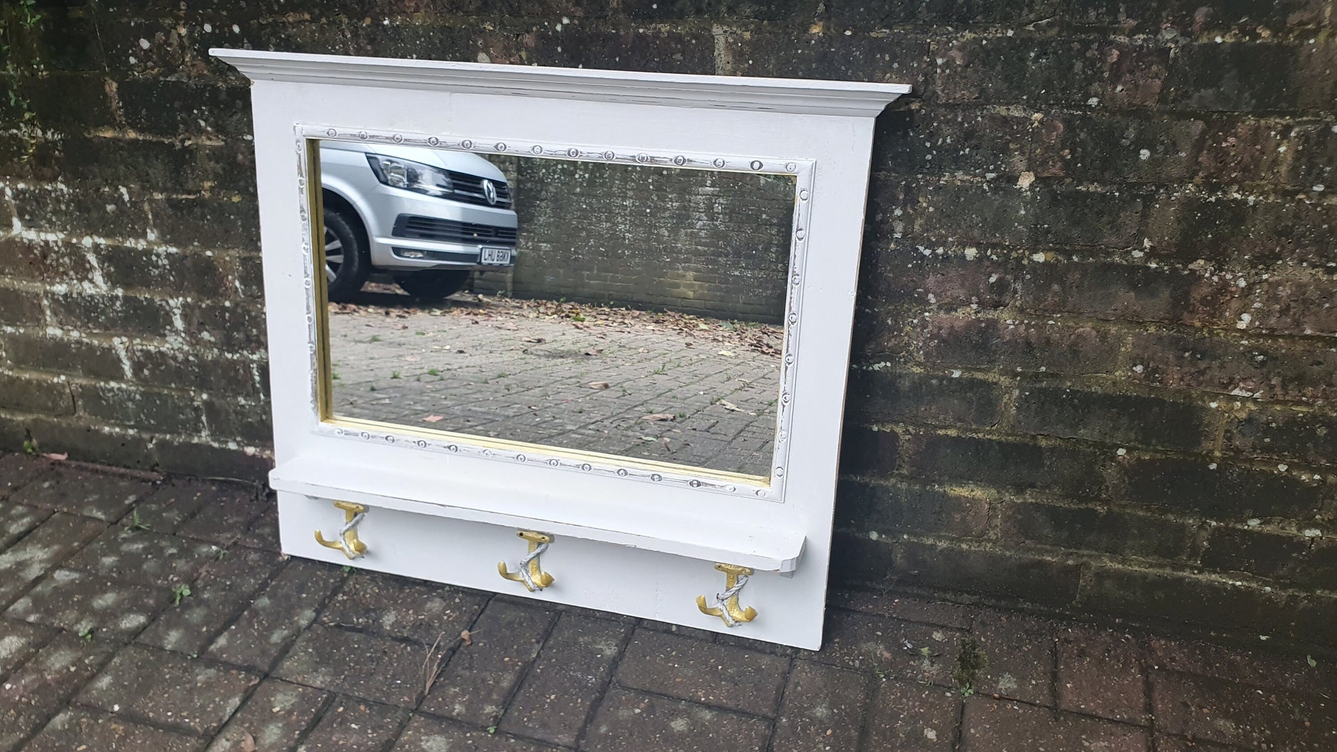Vintage Mirror with Anchor Hooks in Farrow and Ball in ‘Ammonite’ Light Grey with Gold Highlights Hand Painted Bespoke Unique