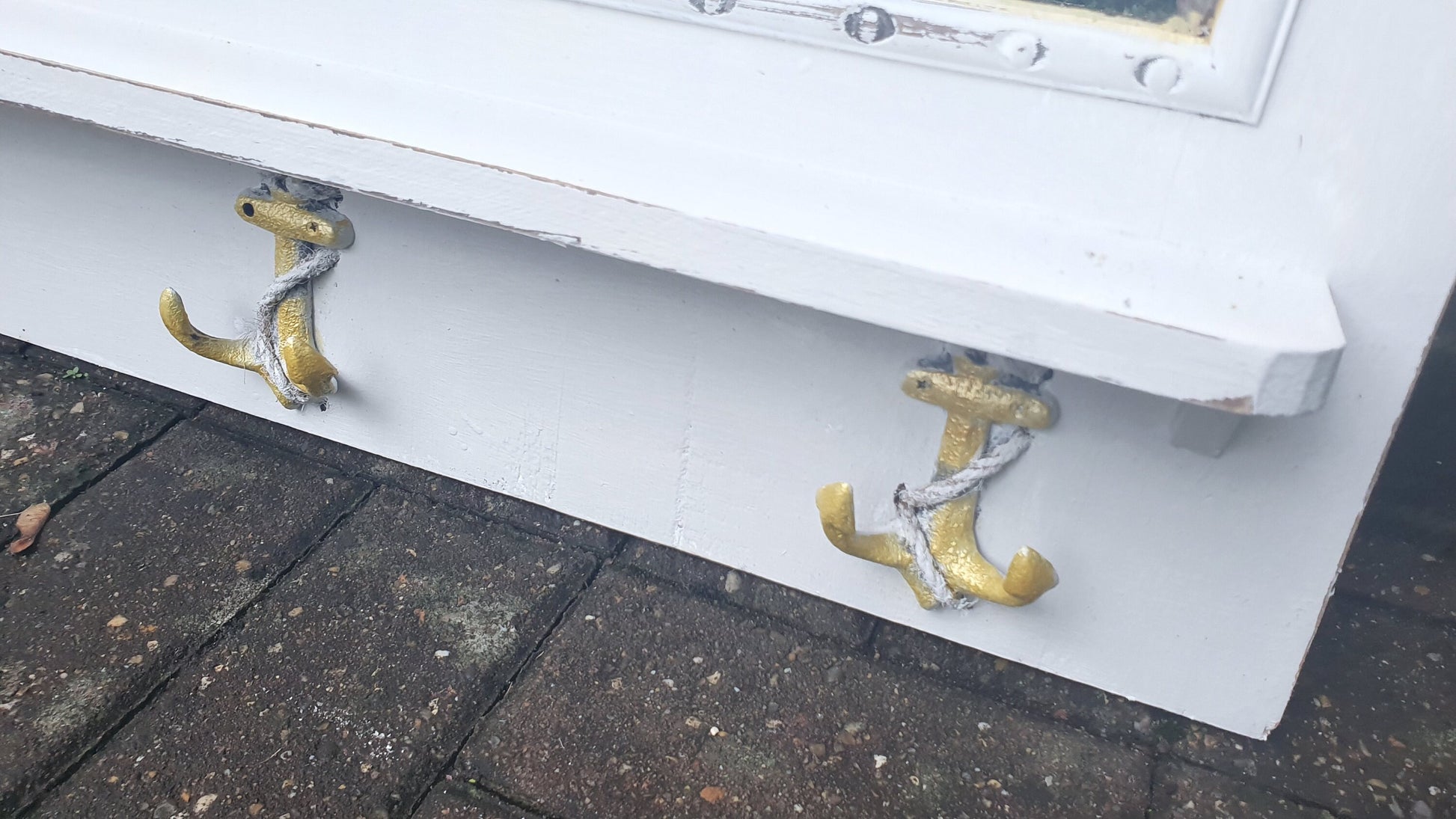 Vintage Mirror with Anchor Hooks in Farrow and Ball in ‘Ammonite’ Light Grey with Gold Highlights Hand Painted Bespoke Unique