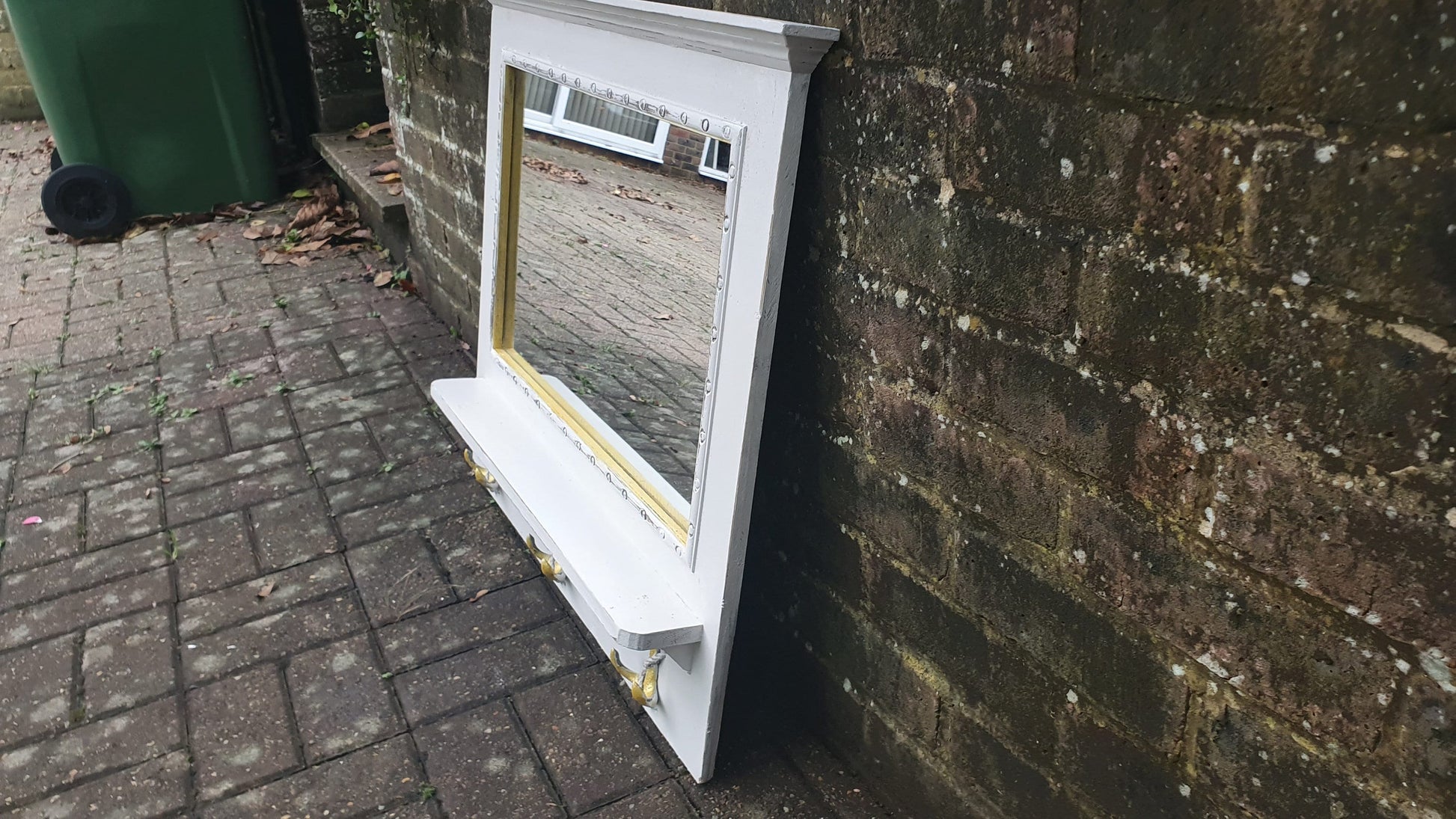 Vintage Mirror with Anchor Hooks in Farrow and Ball in ‘Ammonite’ Light Grey with Gold Highlights Hand Painted Bespoke Unique