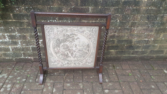 Vintage Oak Embroidered Print Fire Screen Barley Twist Supports