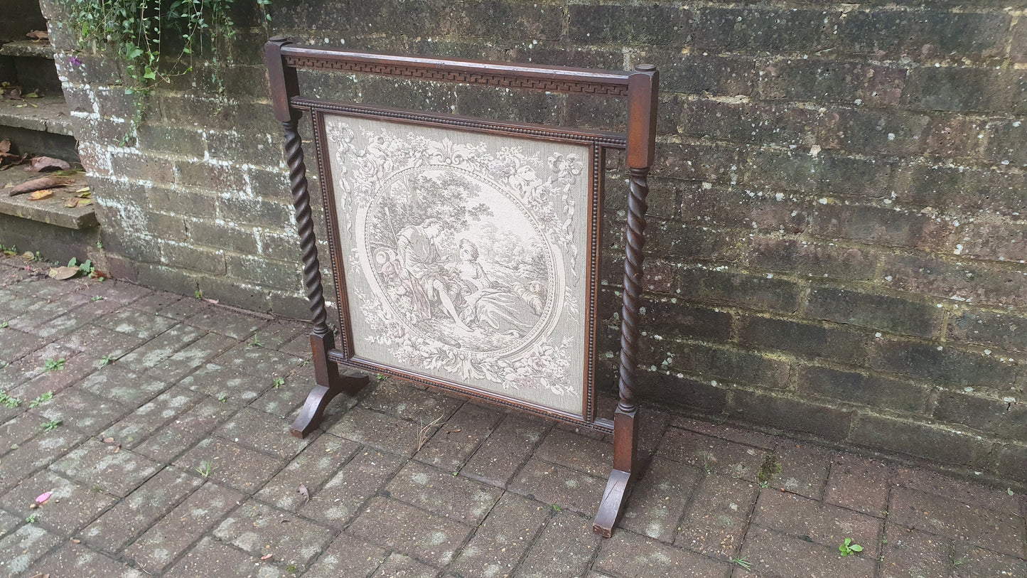 Vintage Oak Embroidered Print Fire Screen Barley Twist Supports