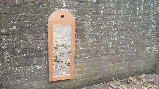 Top Quality Long Golden Ash or Oak Mirror with Heart Motif. Lover’s Mirror