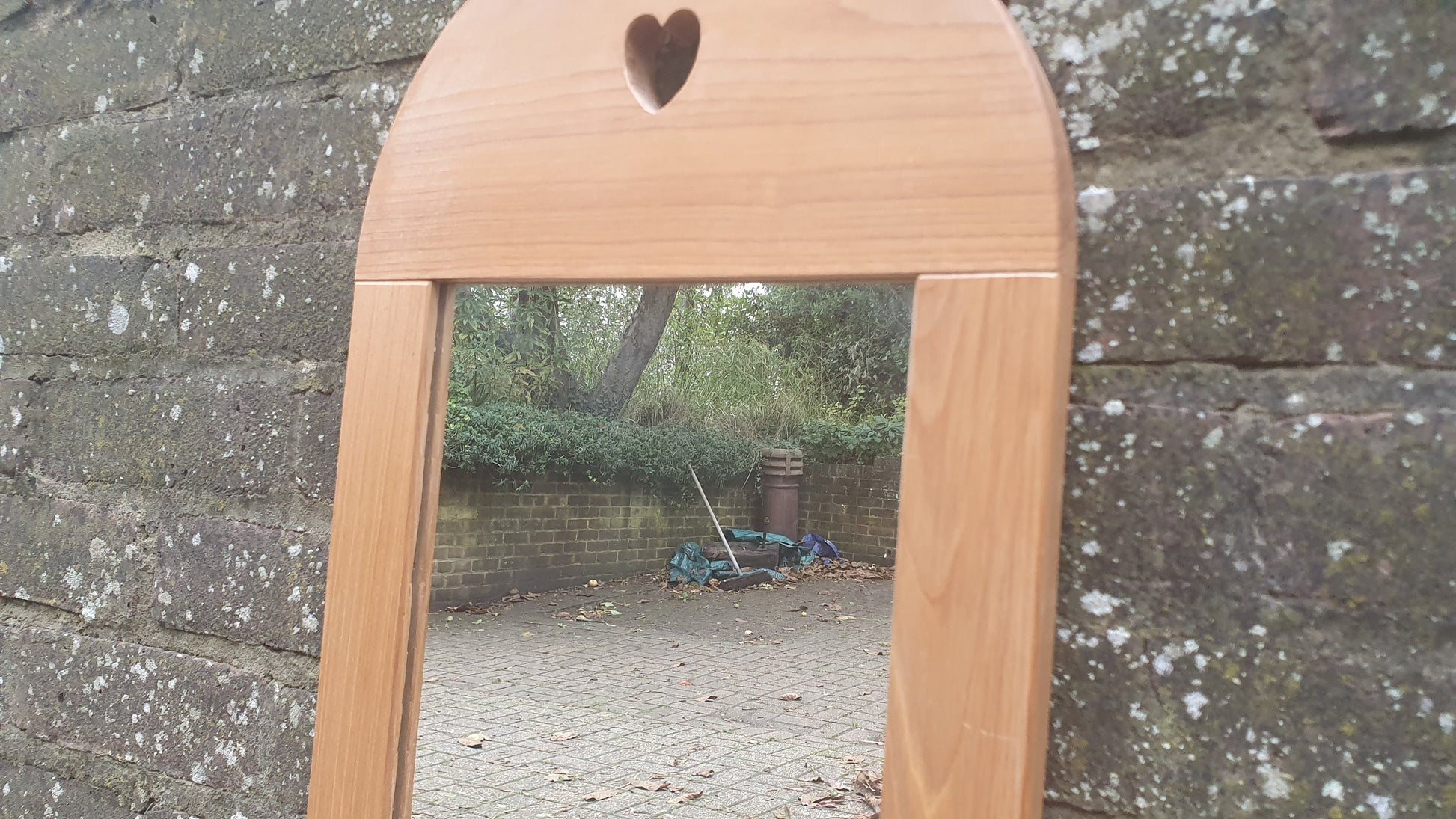 Top Quality Long Golden Ash or Oak Mirror with Heart Motif. Lover’s Mirror