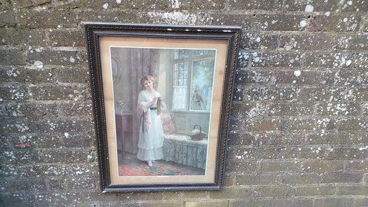 Large WW1 Vintage Print ‘Home Sweet Home Gatland Bros East Grinstead Lady Crochet Knitting 79 x 59 cm