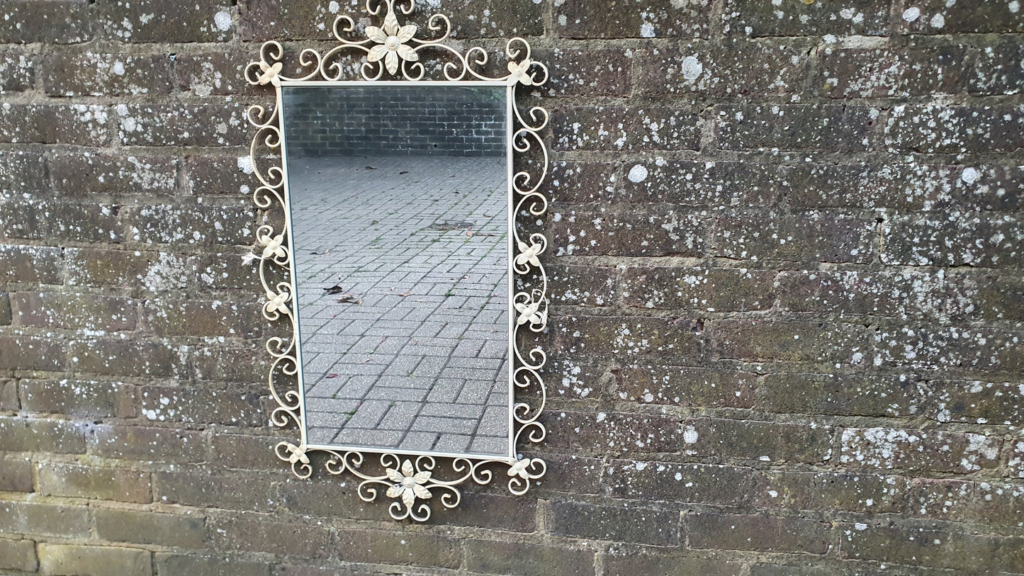 Large Classic 60’s Retro Large Metal Painted Cream Mirror. Flower Motif. 60’s Chic 81 x 45 cm