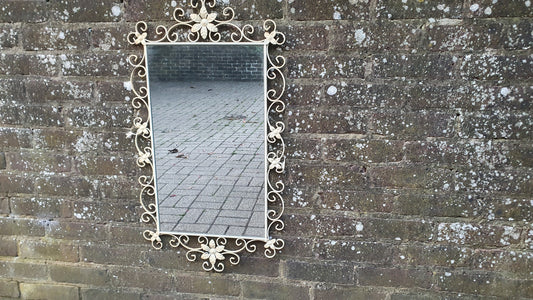 Large Classic 60’s Retro Large Metal Painted Cream Mirror. Flower Motif. 60’s Chic 81 x 45 cm