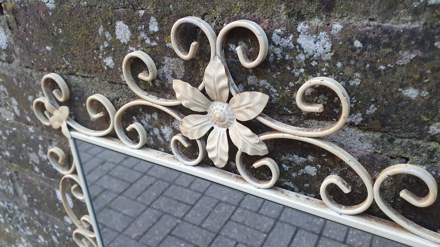 Large Classic 60’s Retro Large Metal Painted Cream Mirror. Flower Motif. 60’s Chic 81 x 45 cm