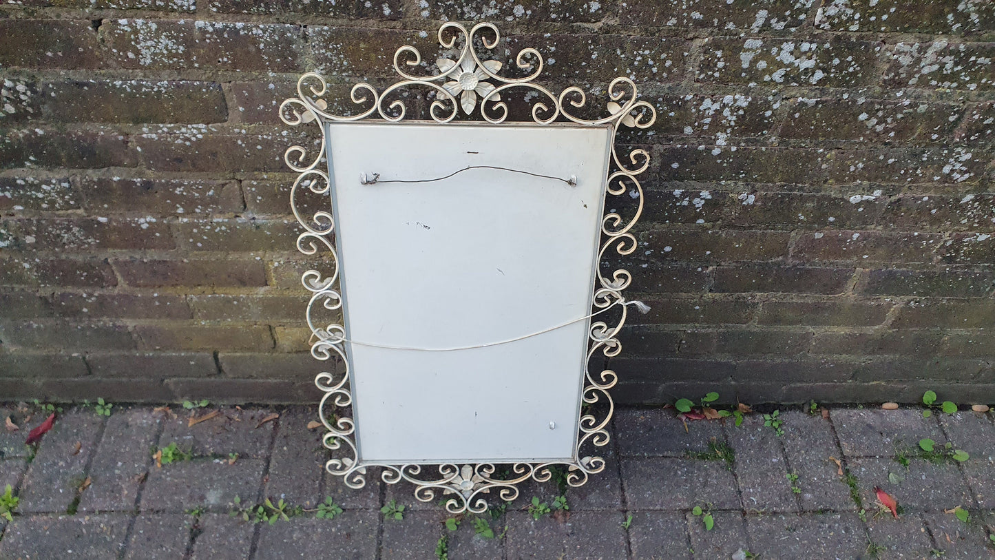 Large Classic 60’s Retro Large Metal Painted Cream Mirror. Flower Motif. 60’s Chic 81 x 45 cm