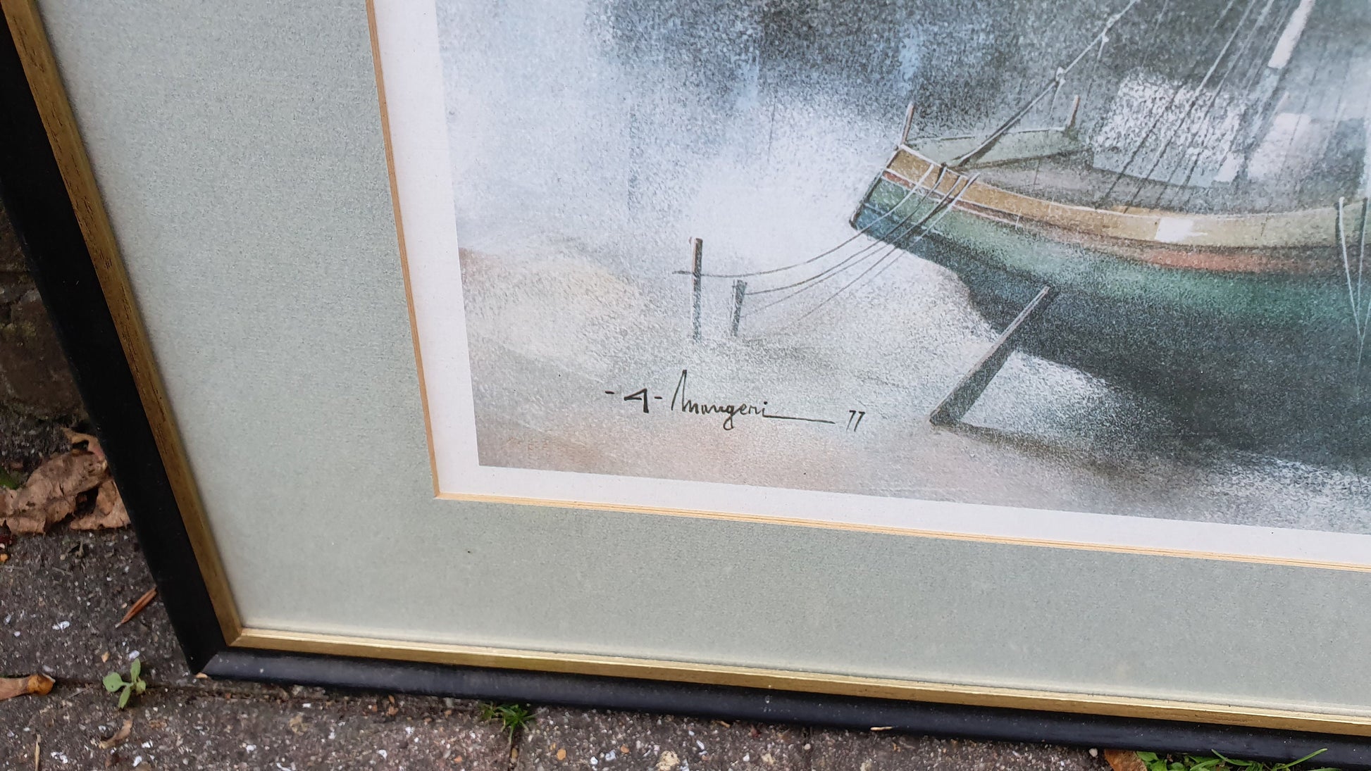 Pair of Huge 90’s Wooden Picture Frames and Mounts with Still Life Watercolour Prints. A Mangeri. Land and Sea 71 x 60 cm