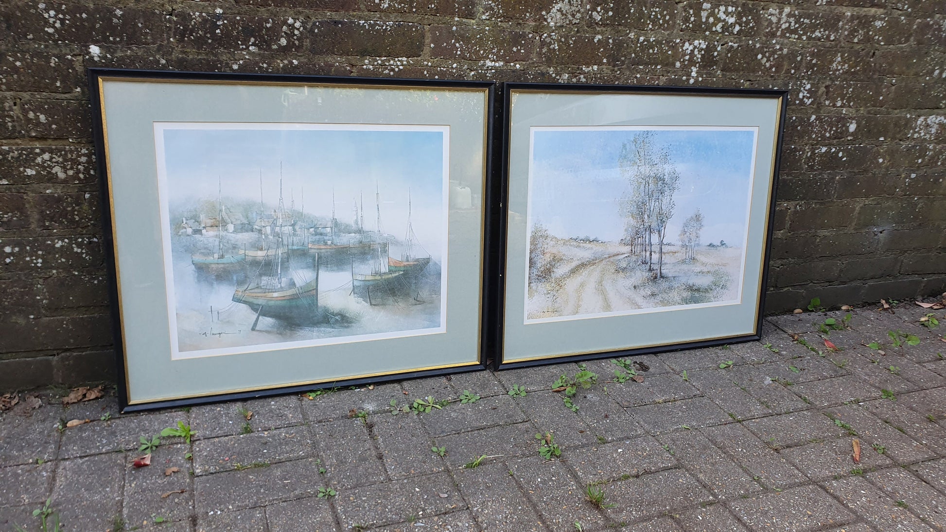 Pair of Huge 90’s Wooden Picture Frames and Mounts with Still Life Watercolour Prints. A Mangeri. Land and Sea 71 x 60 cm