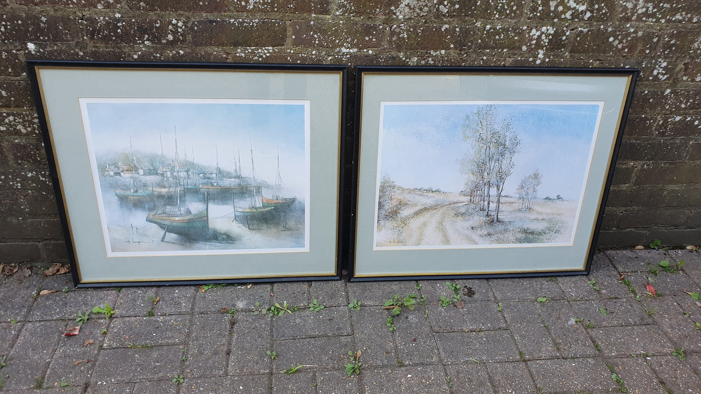 Pair of Huge 90’s Wooden Picture Frames and Mounts with Still Life Watercolour Prints. A Mangeri. Land and Sea 71 x 60 cm