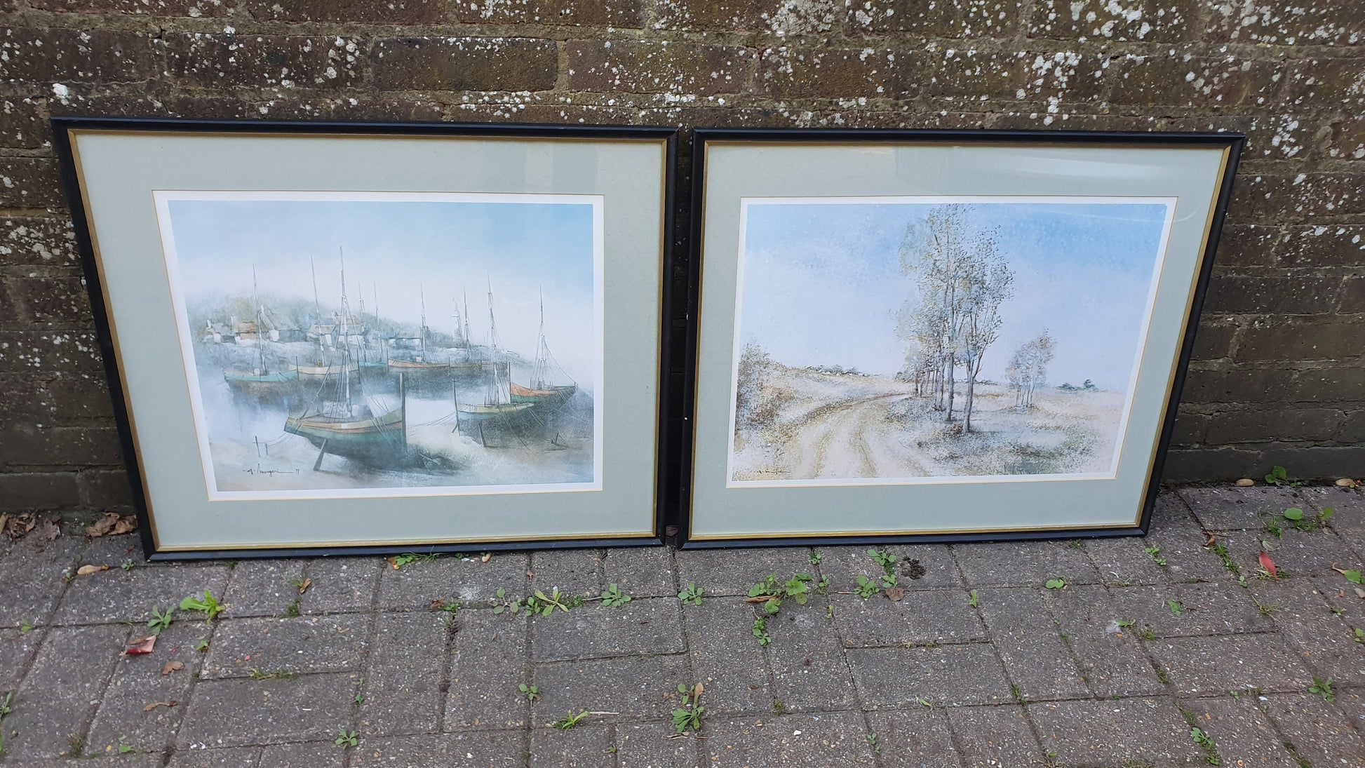 Pair of Huge 90’s Wooden Picture Frames and Mounts with Still Life Watercolour Prints. A Mangeri. Land and Sea 71 x 60 cm