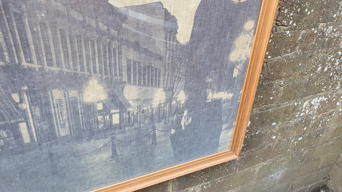 Multi-media print on linen/canvas - vintage, large, framed, glazed - townscape