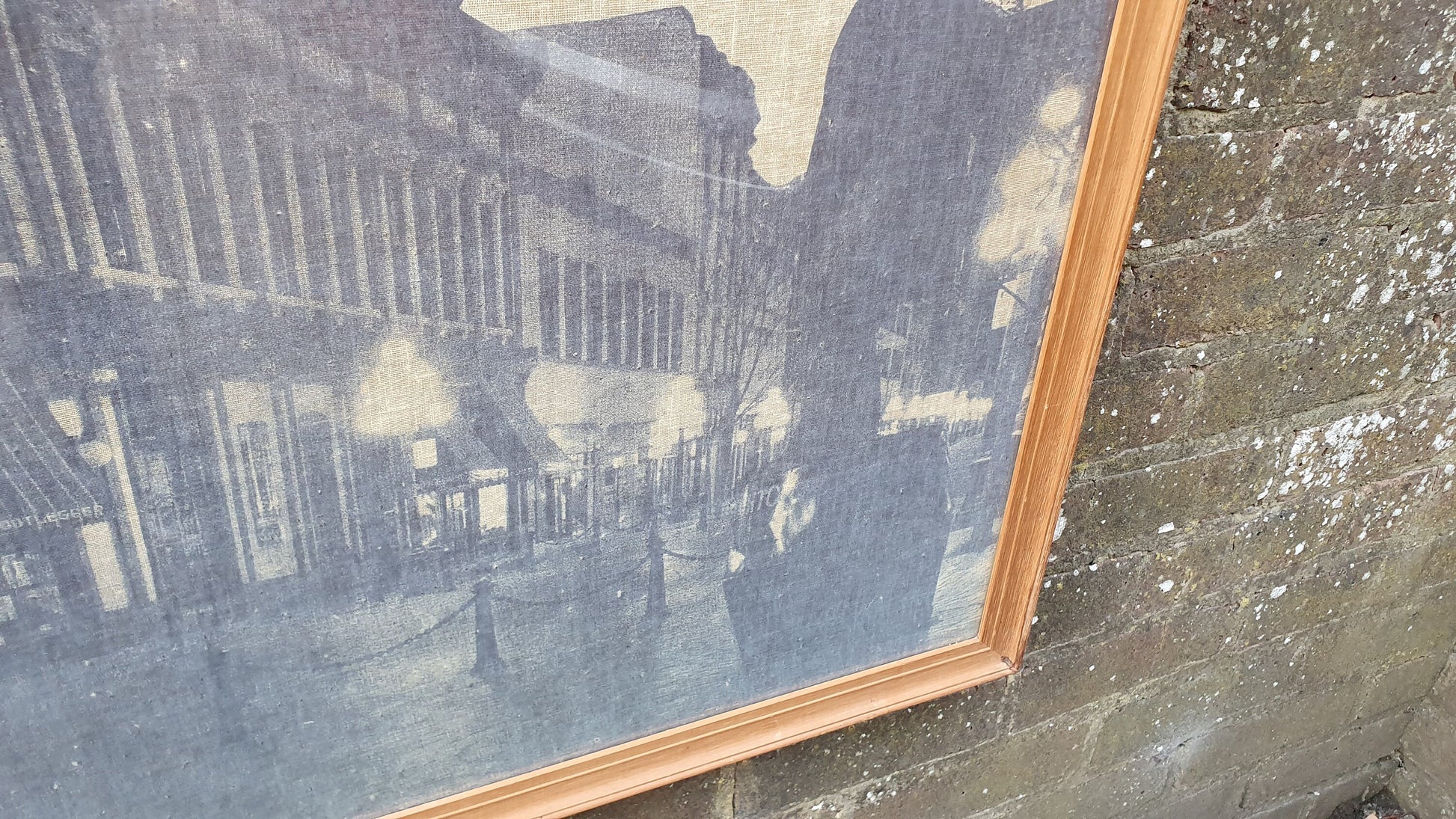 Multi-media print on linen/canvas - vintage, large, framed, glazed - townscape