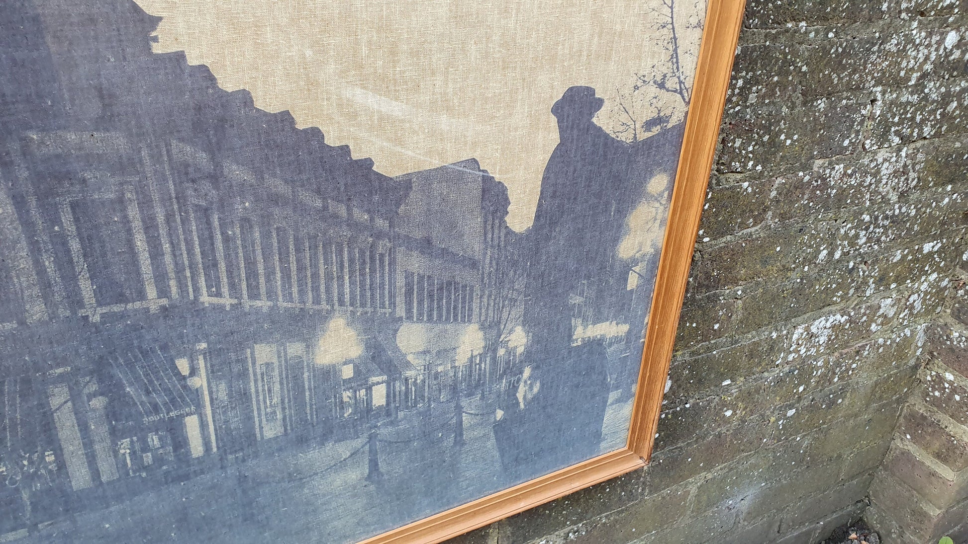 Multi-media print on linen/canvas - vintage, large, framed, glazed - townscape