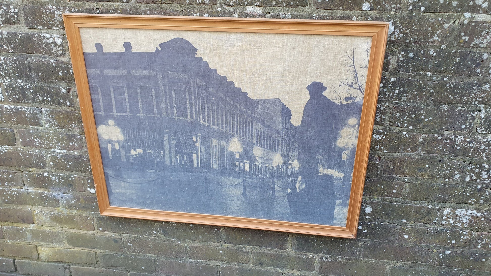 Multi-media print on linen/canvas - vintage, large, framed, glazed - townscape