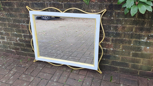 Huge Vintage Painted Metal and Gold Wall Over Mantel Mirror in Farrow and Ball Duck Egg Blue gold Highlights.