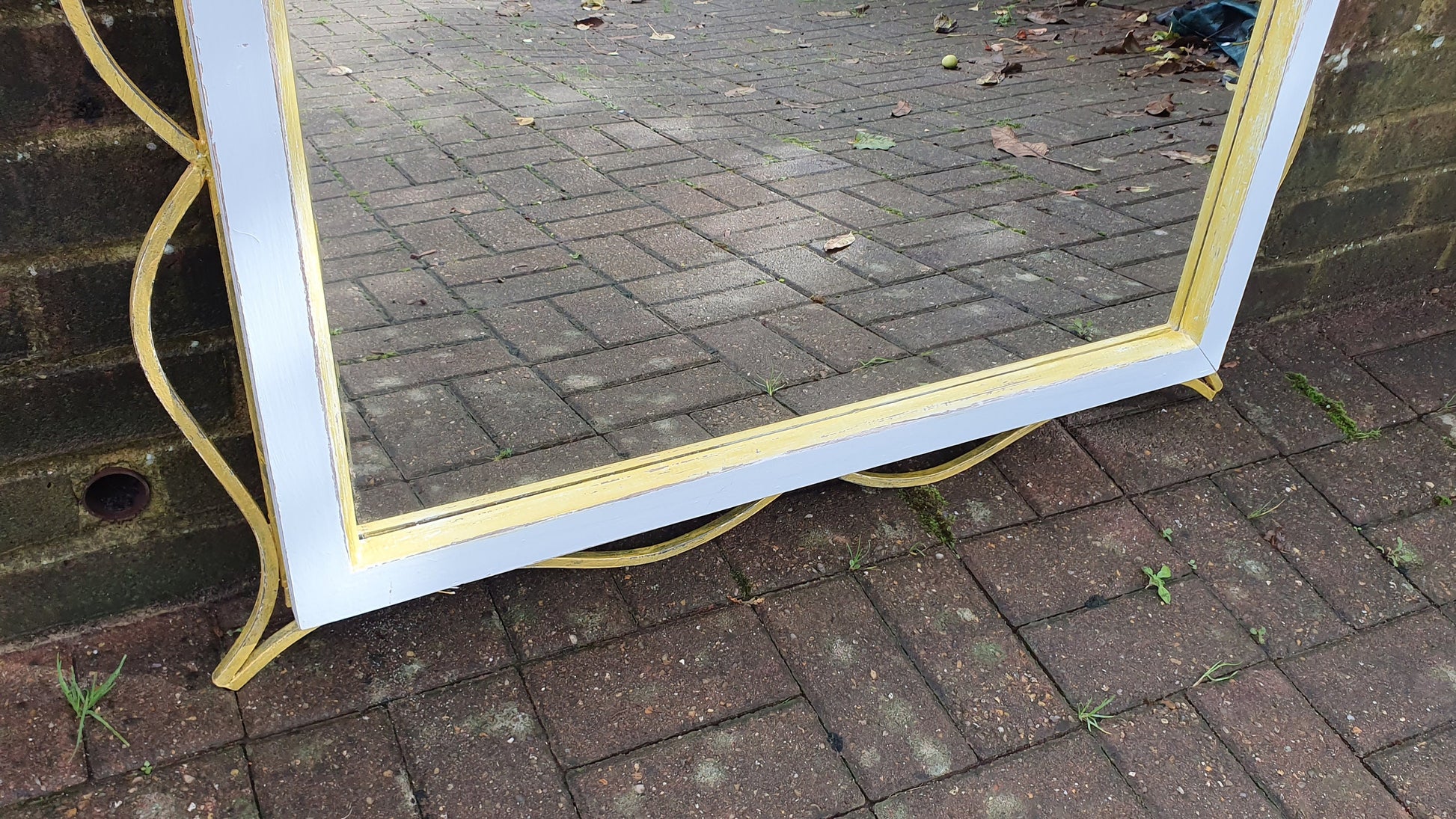 Huge Vintage Painted Metal and Gold Wall Over Mantel Mirror in Farrow and Ball Duck Egg Blue gold Highlights.