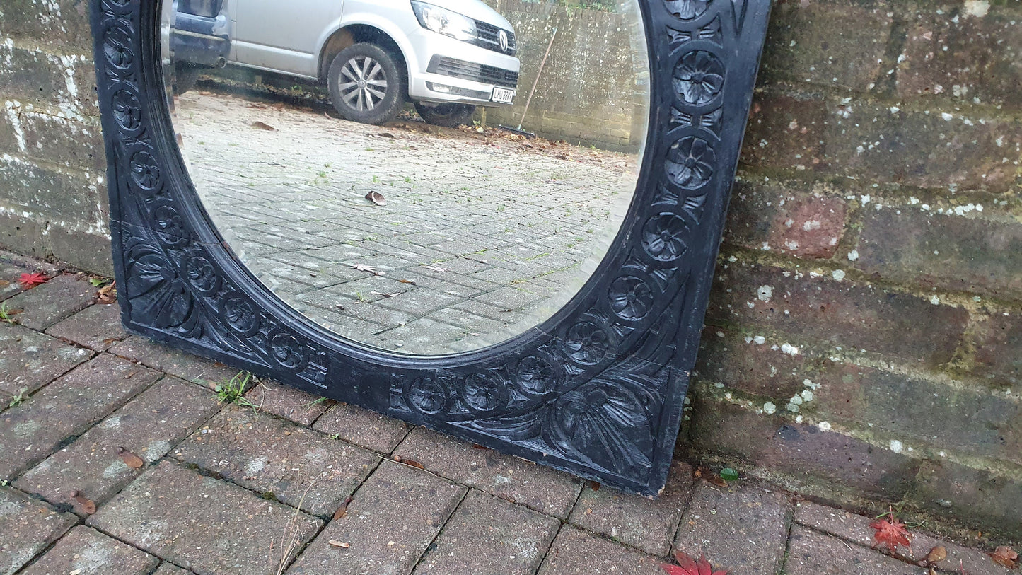 Large Vintage Very Early Oak Carved Mirror Painted Black